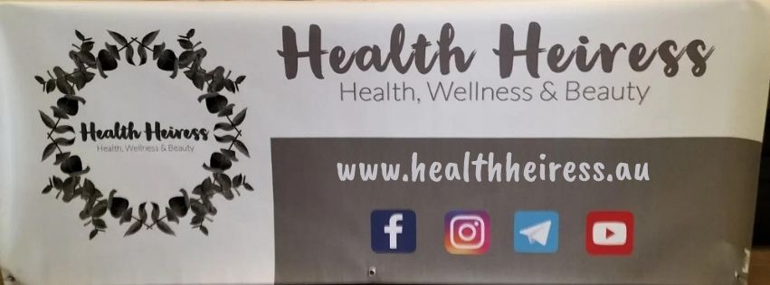 Health Heiress logo with brand name, website URL, and social media icons on a white background.